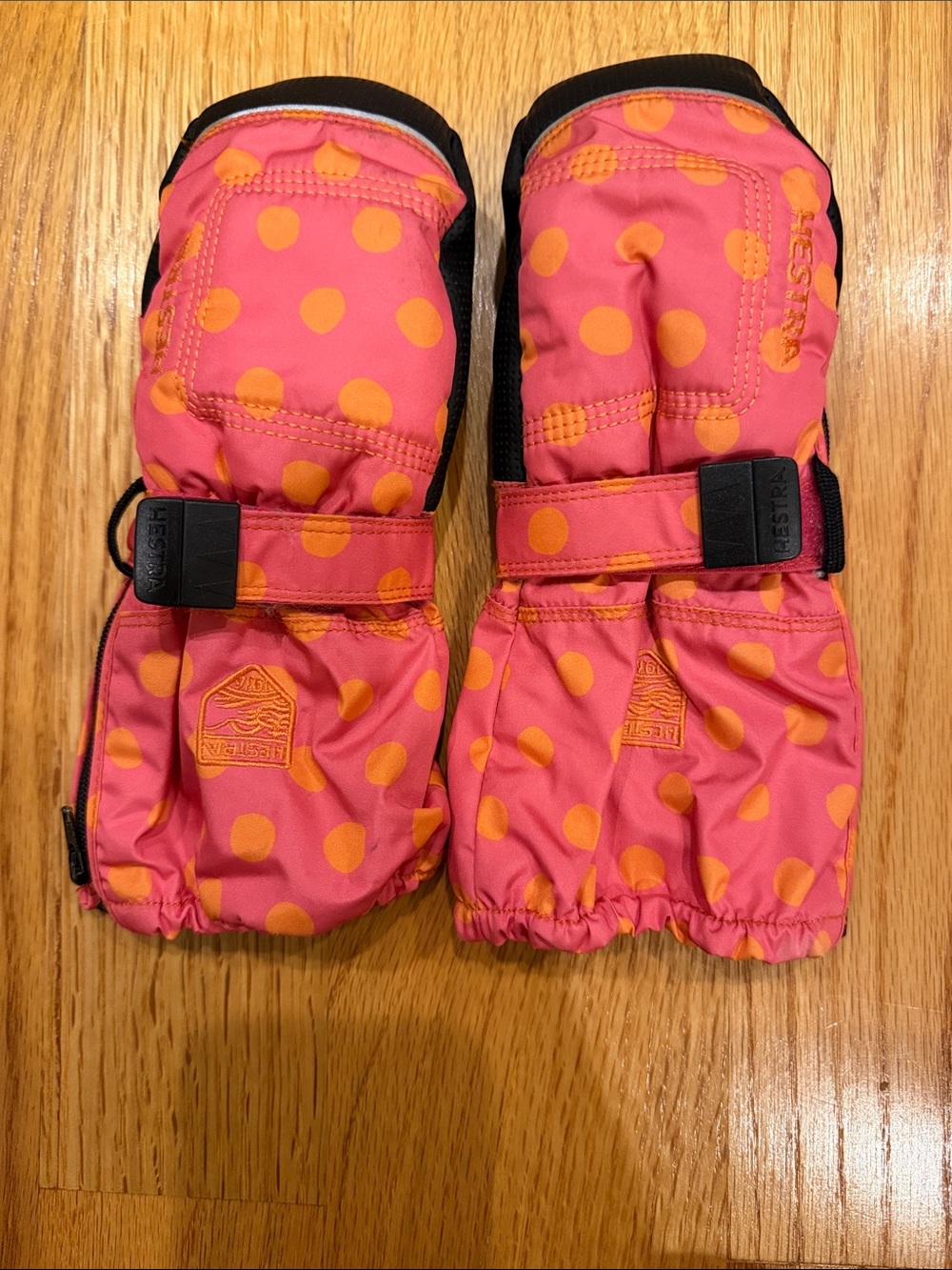 Hestra Kids Coral Pink Mittens with Orange Polka Dots